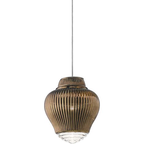 Clyde Lampada a sospensione in vetro soffiato bronzo con lavorazione rigadin, struttura in metallo grigio e cavi in tessuto, altezza 315 cm, E27