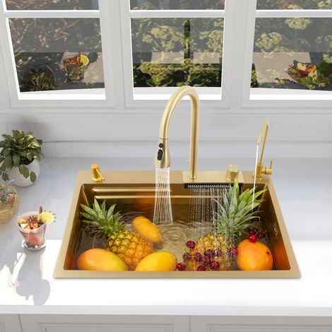 Set lavello da cucina, lavello da cucina con cascata, lavello da cucina moderno in acciaio inossidabile 304 con rubinetto estraibile (1/5)
