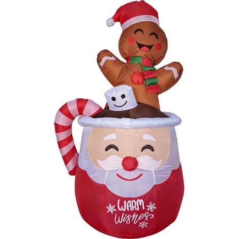 Décoration de Noël gonflable extensionérieure 180 cm Bonhomme pain d’épices dans tasse – Ornement de fête – LED intégrées, polyester imperméable – Taille : Standard européen (1/5)