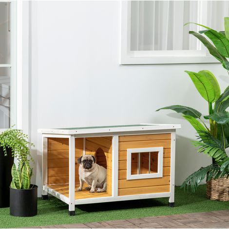 Caseta para perro con porche, techo abatible, ventana y patas regulables, madera, naranja HAVRYA (1/5)