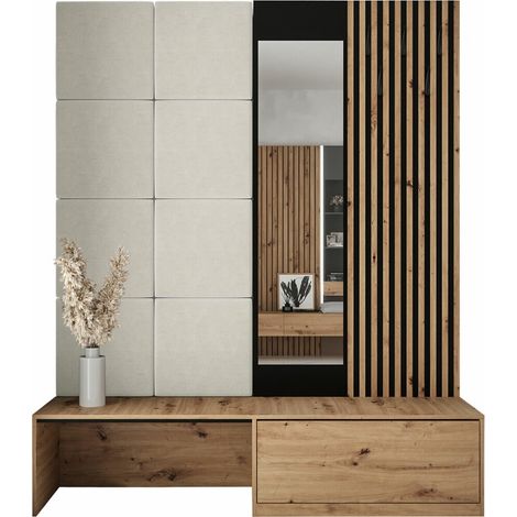 Mobilier1 – Meuble d'entrée Hartford 322 – Ensemble moderne en chêne artisan et finition Manila 02 – Dimensions 205x172x42cm – Miroir et stratifié