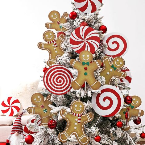Große rote und weiße Pfefferminz-Lutscher-Weihnachtsbaumdekorationen, hübsche Lebkuchendekorationen für einen Weihnachtsmann (16 Stück) (1/5)