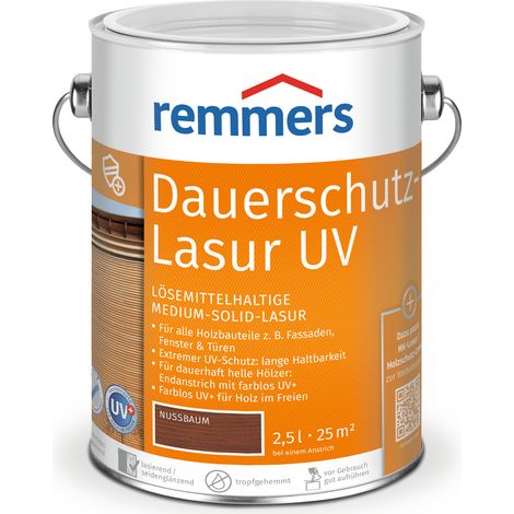Remmers Dauerschutz-Lasur UV nussbaum, 2,5 Liter, Holz UV-Schutz für außen, auch für helle Farbtöne und farblos UV+, blockfest, wetterbeständig
