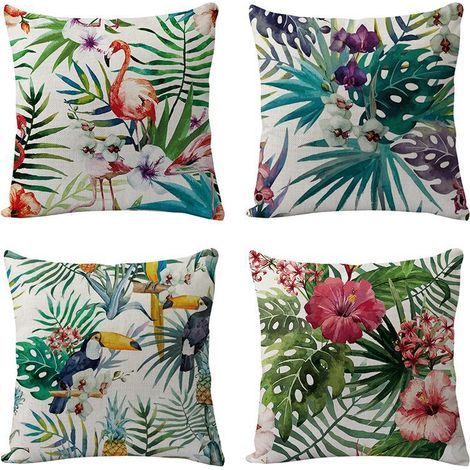 Lot de 4 Housses de Coussin Décoratives motif plantes oiseaux tropicaux decoration pour Canapé Chambre Salon Patio,4545cm (1/5)