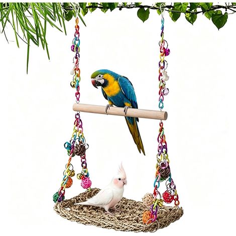Jouet pour Oiseaux, Balançoire Perruche en Bois et Rotin avec Cloche Accessoire de cage pour perruches et petits perroquets, hamac à suspendre, jouet à mâcher et aire de jeu pour oiseaux (1/5)
