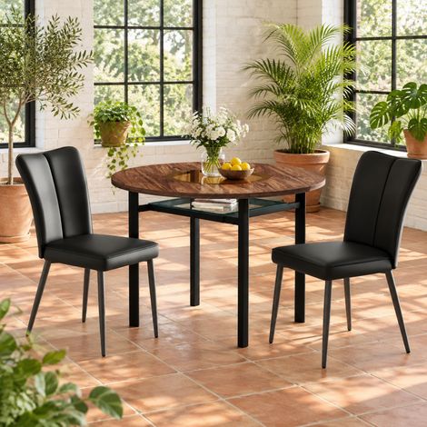 Modernes 3-teiliges rundes Esszimmer-Set, Tisch 100 cm in Holzoptik mit 2 schwarzen Stühlen (1/5)
