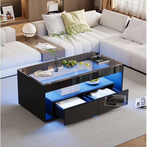 Mesa de centro 100x50x40 cm negra en tablero de partículas y vidrio templado con LED y 2 cajones (1/5)