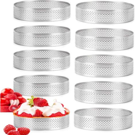10 Pieces Dessert Rings 8 cm, Dessert Mousse Ring with Holes, Circular Steel Pie Moulds, for Making Quiches, Cakes, Perforated Cake Circles (8 cm) (1/5)