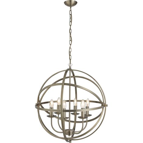 Searchlight Orbit - Sospensione a soffitto a gabbia sferica a 6 luci in ottone antico, E14 (1/5)