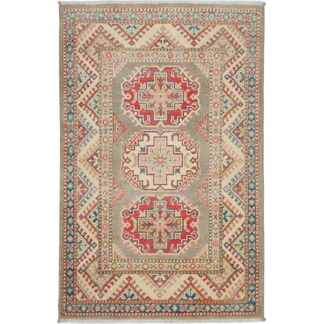 Tapis salon 81 x 126 cm, motif géométrique, gris, beige et rouge, laine naturelle nouée à la main au Pakistan (1/5)