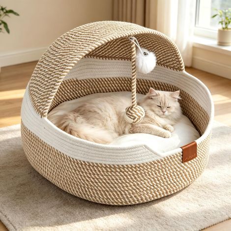 Handwoven Cotton Rope Cat Cave Bed with Cushion Toy Ball All Season (1/5)