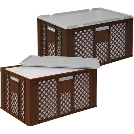 BRB Set, 2x 31,6 Liter Thermobox aus EPS in Eurobox durchbrochen 600x400x320, braun, mit Deckel grau (1/3)