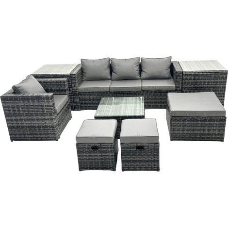Fimous Outdoor Rattan Garden Furniture Set 7 Seater Patio Lounge Sofa Set with Armchair Square Coffee Table 2 Side Tables 3 Footstools Dark Grey Mixed (1/5)