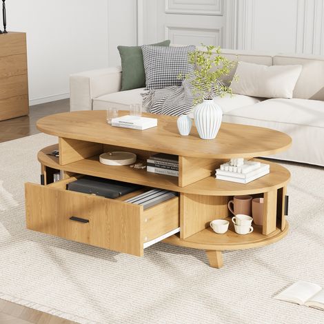 Table basse ovale 100x50x40 cm, table de salon, 1 tiroir, 2 portes à rideau, rangement, MDF - Naturel (1/5)
