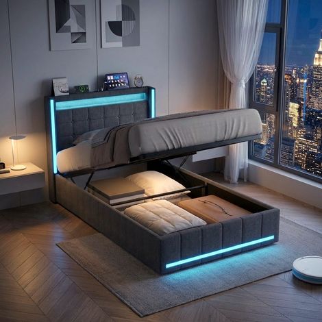 Lit coffre 90x200 Lit simple rembourré LED USB Type-C design moderne en lin pour chambre ado adulte - Gris (1/5)