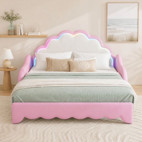 Sofá cama 140x200 cm convertible con cabecero LED multicolor, tapizado en cuero regenerado rosa, diseño funcional y cómodo para dormitorio moderno CHICFURN (1/5)