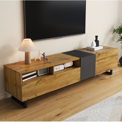Mobile TV 170x42x36.5 cm grigio scuro e naturale in truciolare con 3 ante, 2 vani aperti e gambe in metallo (1/5)