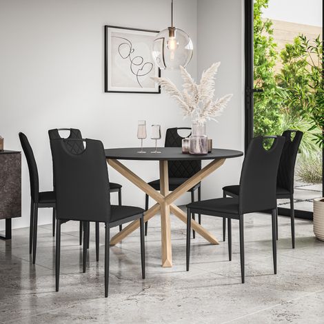 Malvern Round Dining Table And Chairs - Black Table Top w Solid Oak Legs + Monza Faux Leather Dining Chair Set Of 6 (Black) (1/5)