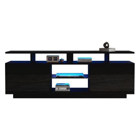 Meuble TV noir 1.4m 16 LEDs portes brillantes étagère verre TV 60" (1/5)