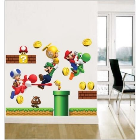 Lot de 2 stickers muraux décoratifs Super Mario New Super Mario Bros. à coller et décoller, pour créer une scène dans une chambre.