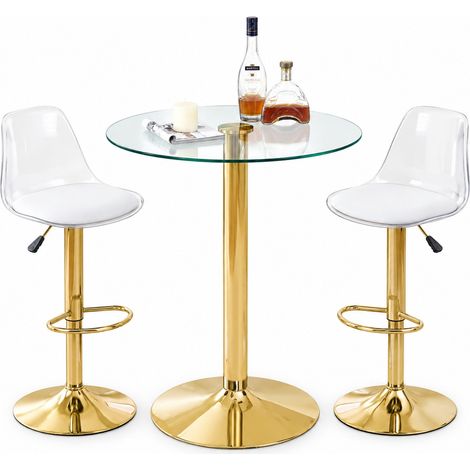 ELVMI Ensemble Table et Chaises de Bar avec 2 Tabourets Réglables Pivotants, Verre Métal Plastique, Or Transparent (1/5)