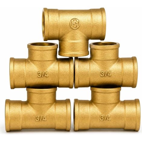 Confezione da 5 raccordi a T a vite in ottone massiccio da 3/4" (20x27), filettatura femmina a 3 vie (FFF)