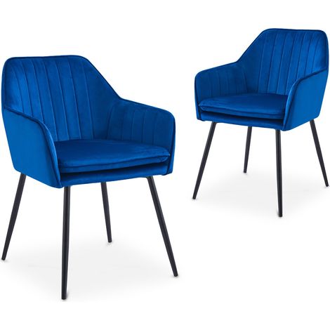 Lot de 2 chaises avec accoudoirs en velours bleu pieds noirs EDWIGE (1/5)