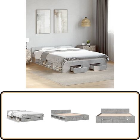 Cadre de lit avec tiroirs sans matelas gris béton 120x200 cm - Cadre De Lit - Lit Double - Lit Avec Tiroirs - Meuble De Chambre - Rangement Sous Lit