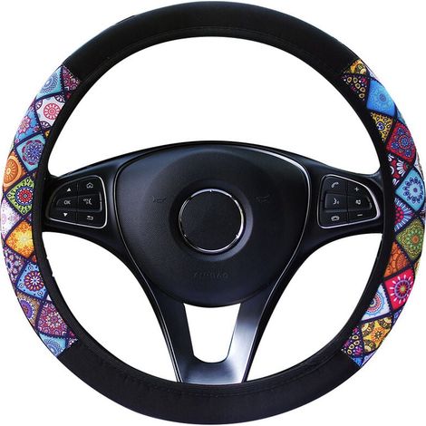 Cover Pour Volant - Cuir Synthétique Microfibre - Motif Mandala - Diamètre Extérieur 37 à 39 cm - Noir Multicolore - 1 Pièce (1/5)