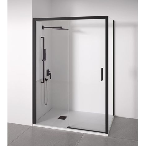 BELLOBATH - Mampara de Ducha Angular 1 Corredera + 2 fijos - Vidrio Antical - Negro - Ancho Adaptable 165-170X77-80 - Puerta Derecha