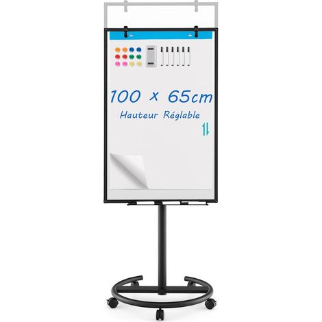 Costway – Tableau blanc magnétique mobile 100 x 65 cm – Effaçable à sec – Hauteur réglable 132-192 cm – Support stable sur roulettes – Cadre en aluminium (1/5)