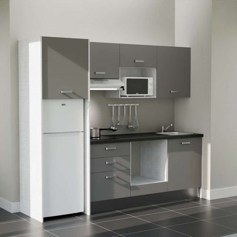 Kochnischen K37L-PT - 240 cm - Laminatplan, spüle Edelstahl, - Graue Front - strukturierte schwarze Arbeitsplatte - Kredenzen nein + Haushaltsgeräte weiß (1/4)