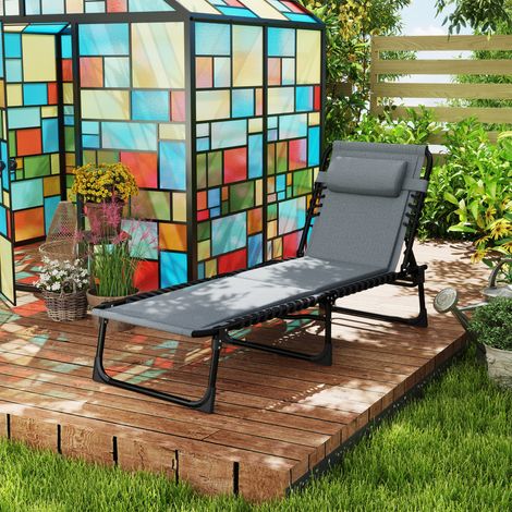 Liegestuhl, Sonnenliege mit Polsterung und Seitentasche, Gartenliege, Pool-Liege, Polsterliege, Grau