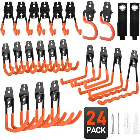 Lot de 24 crochets de garage en acier robuste pour rangement de garage, support mural pour vélos, outils de jardin, échelles, articles en vrac, cordes et autres équipements (1/5)