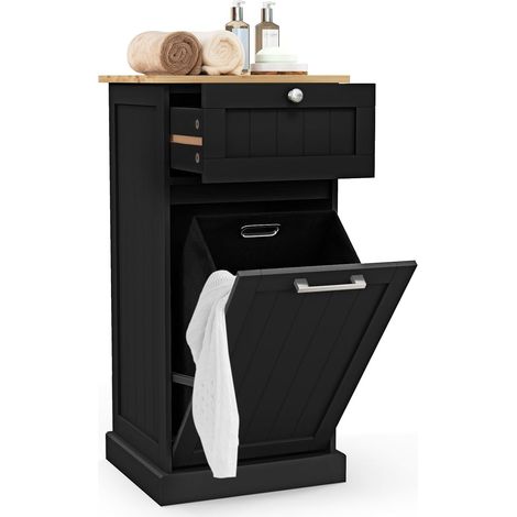 Costway – Meuble bas de salle de bain avec tiroir – Panier à linge amovible 38L – Porte basculante – Dimensions 40 x 37 x 82 cm – Bambou et MDF noir