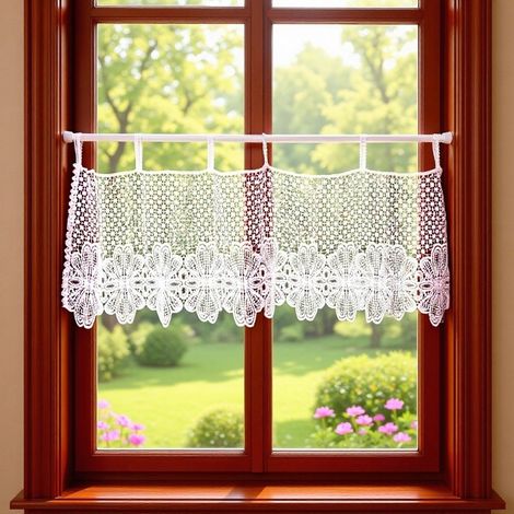 Rideau Court Voilage 260 x 28 cm x 1 pcs, Dentelle Ajourée Beige Blanc, Rideau Cantonnière Placard Fenetre Passe Tringle (1/4)