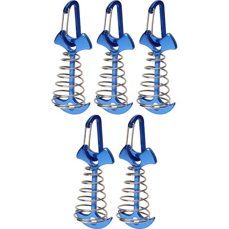 5 piquets de tente en acier en forme d'arête de poisson, pour ancrage solide en camping et terrasses, avec corde ajustable et boucle à ressort bleue (1/5)