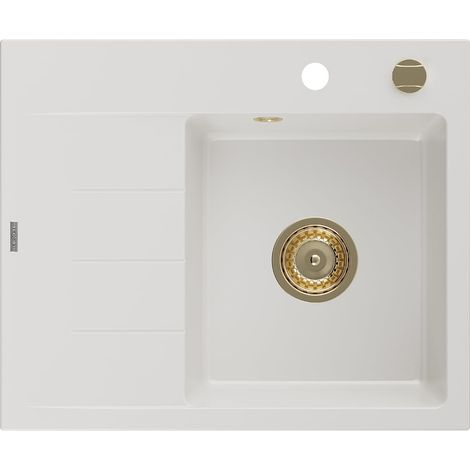 Mexen Ben lavello in granito a una vasca con scolapiatti, destro 600 x 500 mm, bianco, sifone dorato - 6523605000-20-G (1/5)