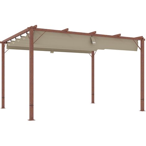 Pergola-gazebo avec toit rétractable, piquets et vis, en polyester et aluminium, 382 x 300 x 232 cm, coloris bois