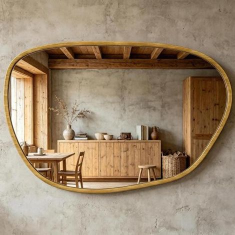 Specchio decorativo asimmetrico da parete, 90x60 cm, con vetro temperato e cornice in legno naturale, adatto per bagni, camere da letto, soggiorni e corridoi. Consegna a domicilio disponibile. (1/5)