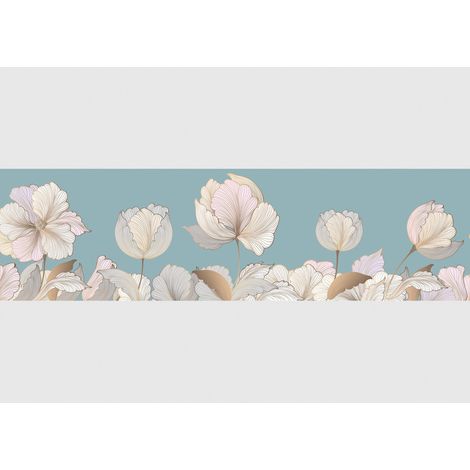Frise auto-collante fleurs multicoloreS dessinées sur fond bleu (1/5)