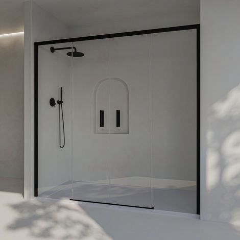 SOULBATH Box doccia con 2 scorrevoli + 2 fissi, senza profilo inferiore, vetro di sicurezza 6 mm anticalcare, 189 a 193cm x 195cm H, Nero