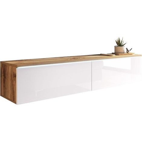 Mirjan24 – Meuble TV Sarasota 120 – Chêne wotan et blanc brillant – 2 portes – Dimensions 140x30x33cm – Surface brillante et bords protégés par ABS (1/5)