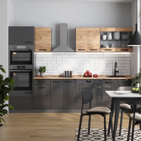 Cuisine R-Line, Chêne doré/anthracite, 300cm armoires bicolores, PT Chêne, Vicco