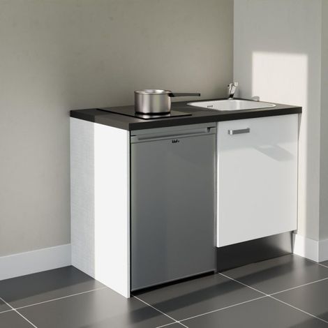Kochnischen K08L-PT - 120 cm - Laminatplan, spüle Edelstahl, - Weiße Front - strukturierte schwarze Arbeitsplatte - Kredenzen nein + Haushaltsgeräte Edelstahl (1/5)