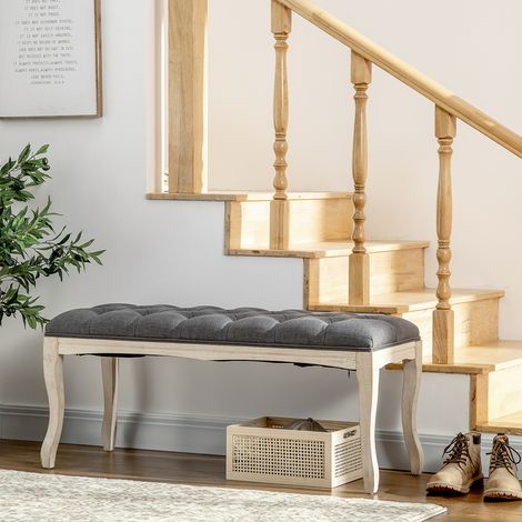 Mobilier Banc Banquette capitonnée Style Classique 110 cm Bout de lit Rembourrée en lin piètement Bois hévéa sculpté - gris (1/4)
