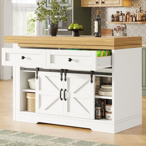 Isla de cocina extensible 2 en 1 blanca de MDF con puertas correderas OKWISH (1/5)