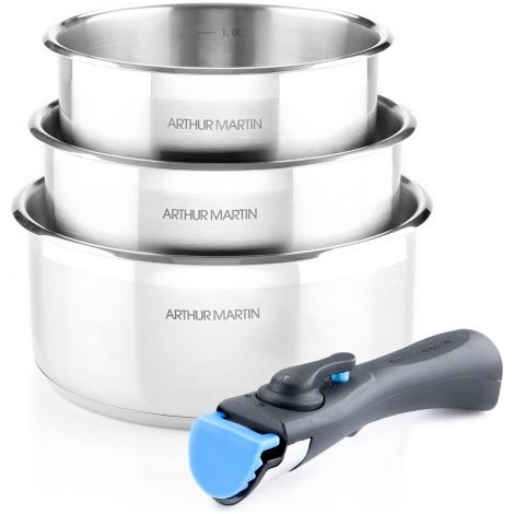 Arthur Martin – Lot de 3 casseroles inox 16-18-20 cm – Manche amovible – Revêtement anti-adhésif – Compatible tous feux y compris induction (1/3)