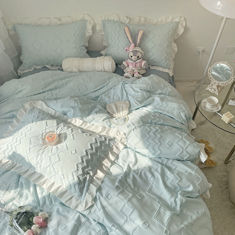 Parure de lit douce avec dentelle, tissu brossé doux pour la peau, fournitures de lit princesse bleu, 1 paire de taies d'oreiller (1/5)