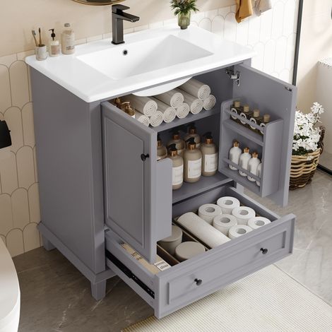 Meuble sous Vasque avec 2 Portes, 1 Tiroir et Étagère Réglable, Vasque en Céramique, en MDF, 76×46×87 cm, Gris